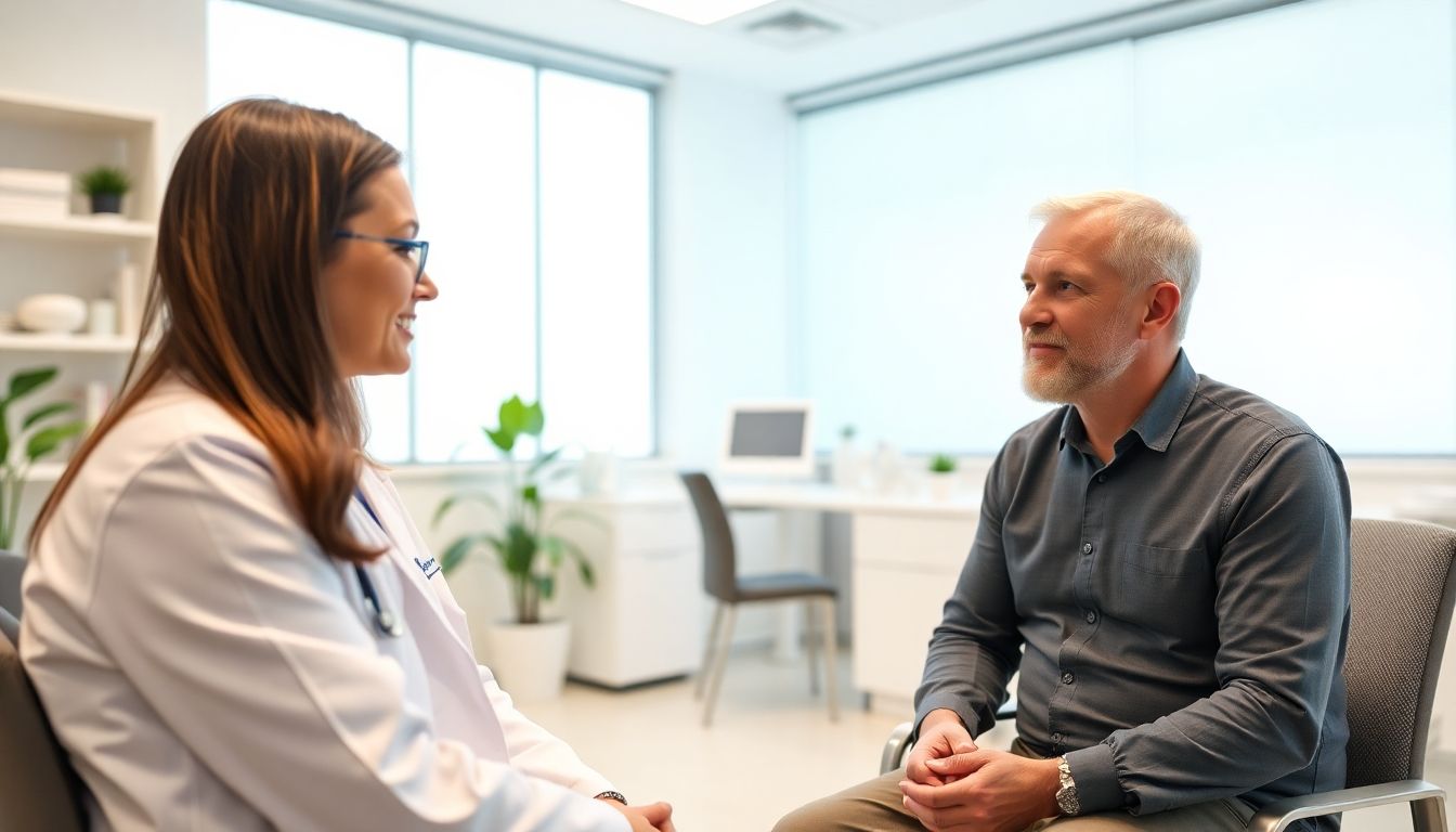 Chelattherapie: Doctor and patient discussing in a bright, modern clinic.