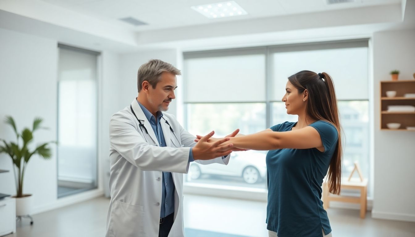 Grundlagen der Bewegungstherapie: Patient and doctor in a bright therapy room.