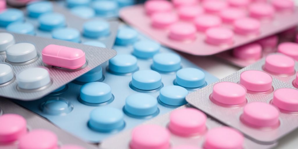 Verhütung: Nahaufnahme von verschiedenen rosa und blauen Antibabypillen in Blistern.