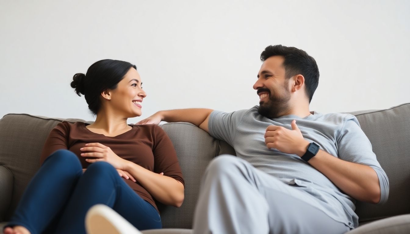 Verhütung: Smiling couple relaxing on a sofa, discussing contraception.