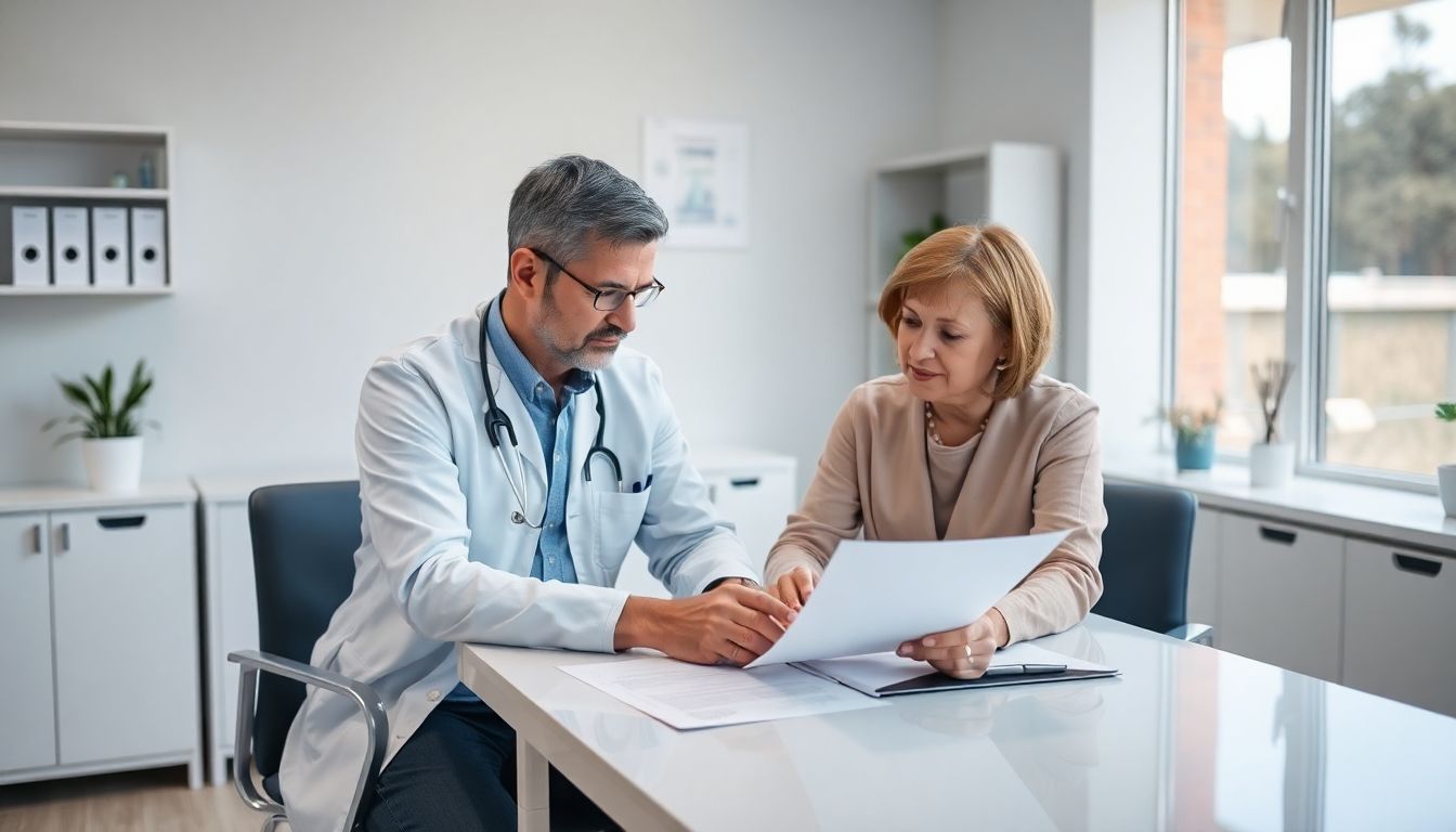 Arzt und Patient besprechen Portkatheter in heller Praxis.