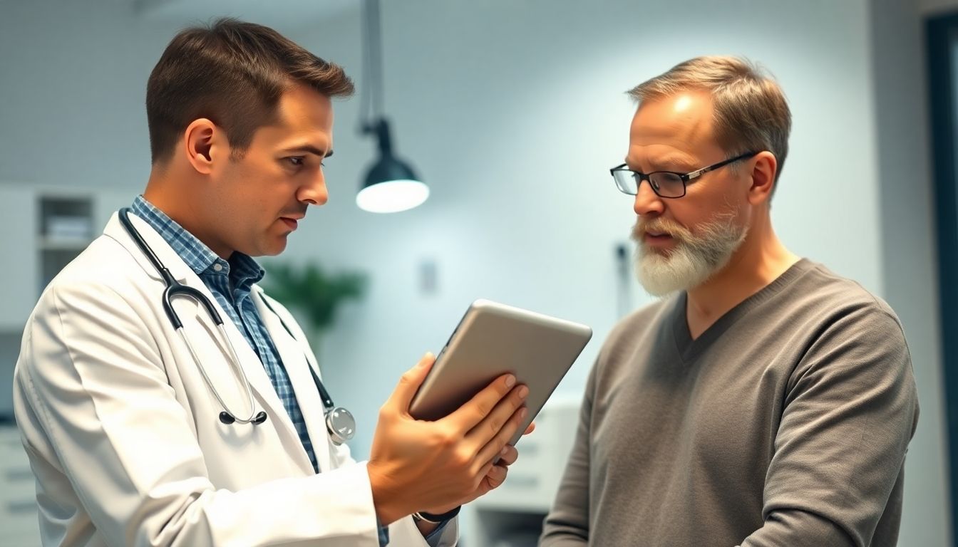 Portkatheter: Arzt mit Tablet in heller Umgebung, spricht mit Patient über Portkatheter.