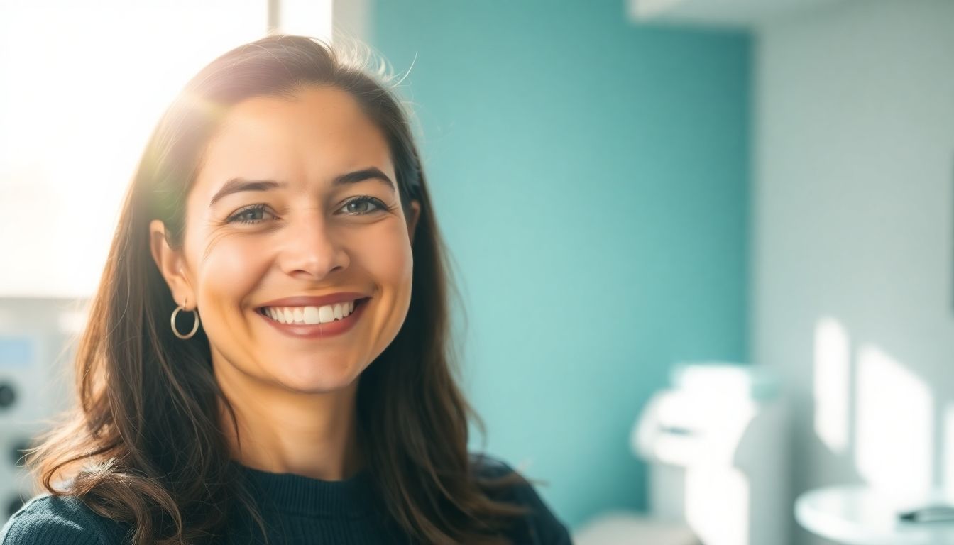 Patientenperspektive und Lebensqualität nach Lebertransplantation: Smiling woman in a bright medical practice.