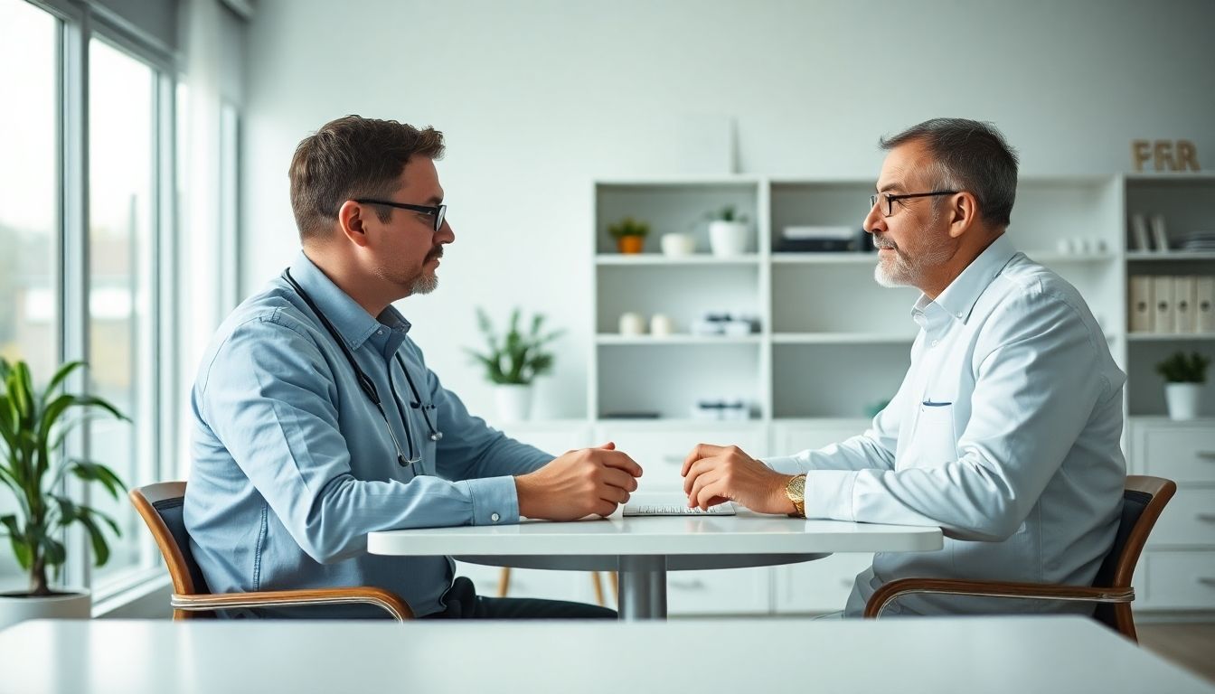 Lebertransplantation: Arzt und Patient besprechen sich in einer hellen Praxis.