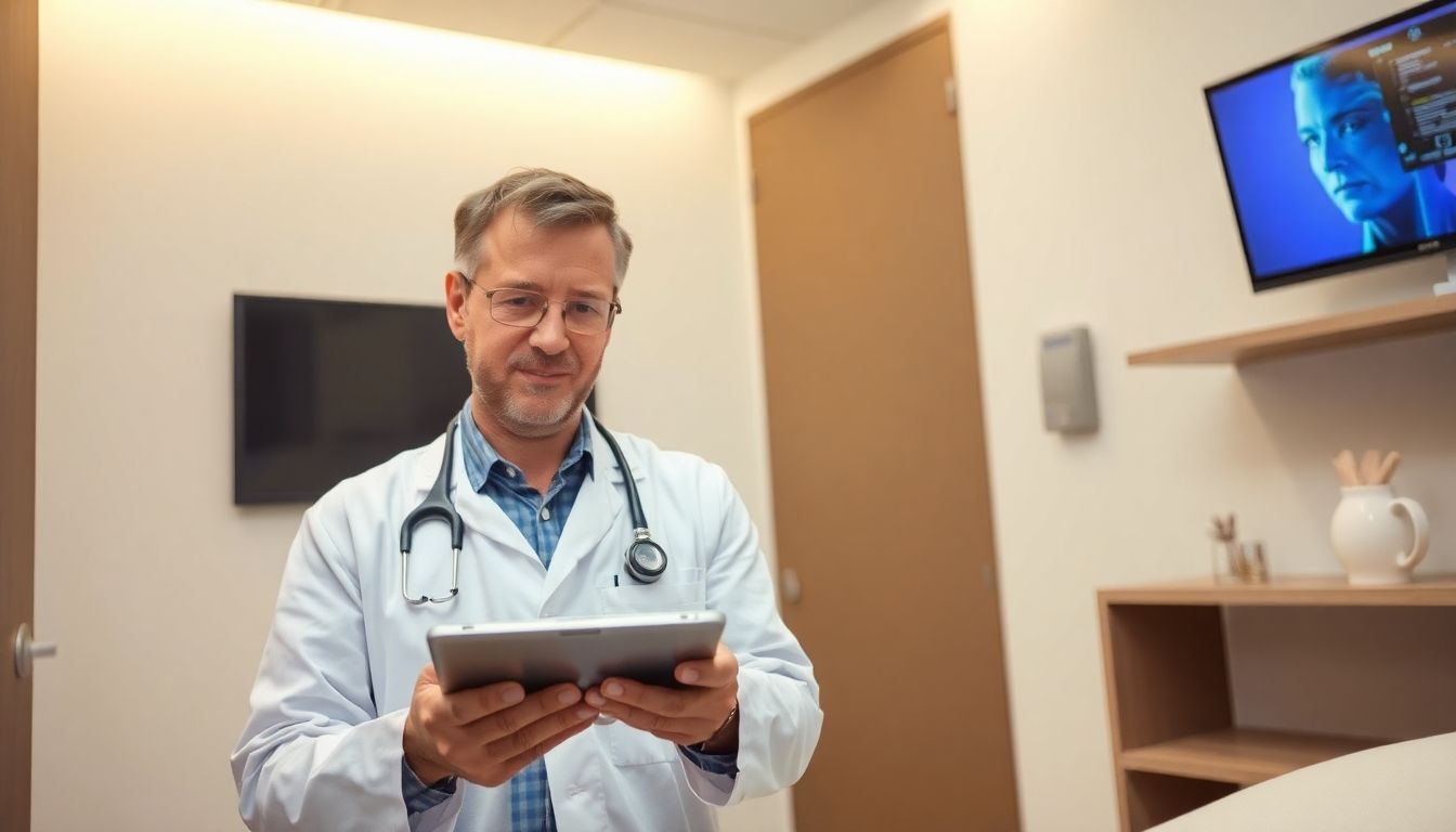 Arzt mit Tablet in heller Umgebung, erklärt Thoraxdrainage.