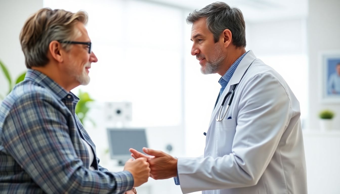 Thoraxdrainage: Doctor and patient discussing a medical procedure in a bright clinic.