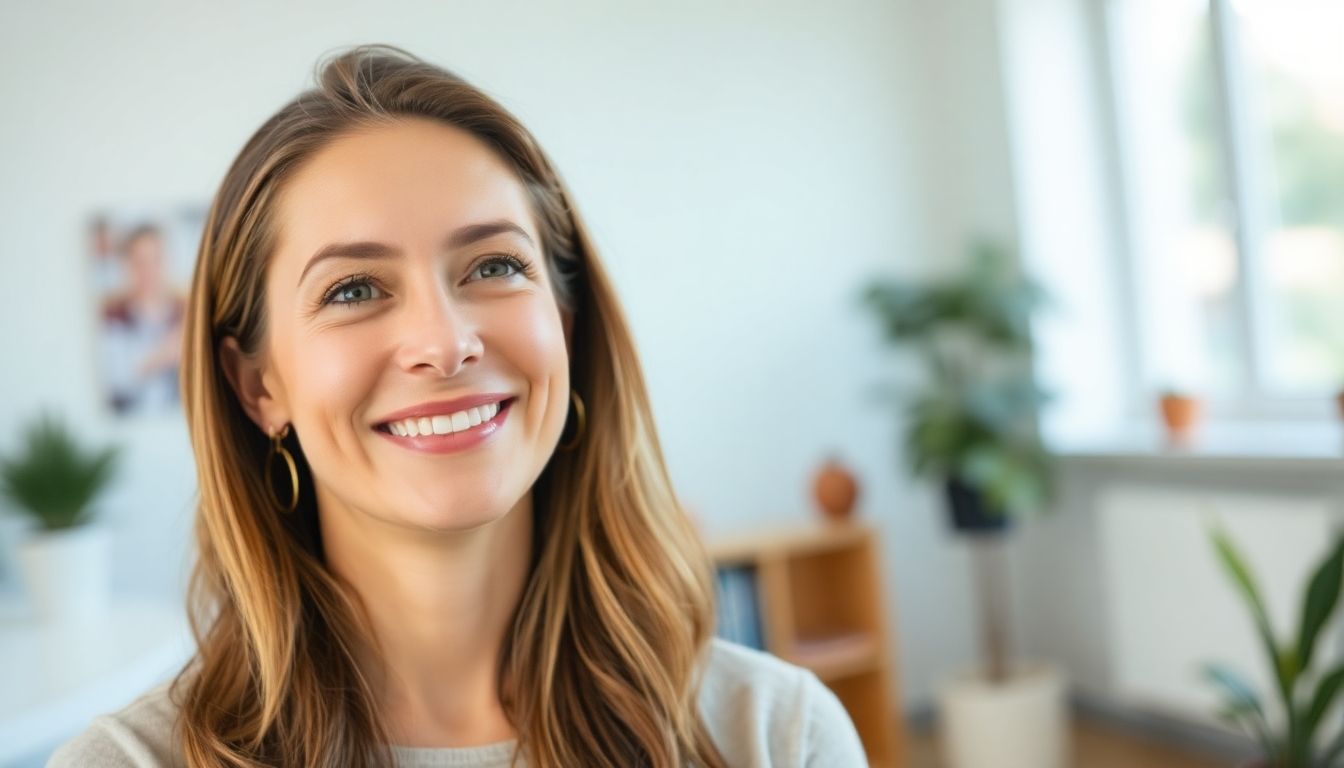 Gedächtnistraining: Smiling woman in a bright, modern room.
