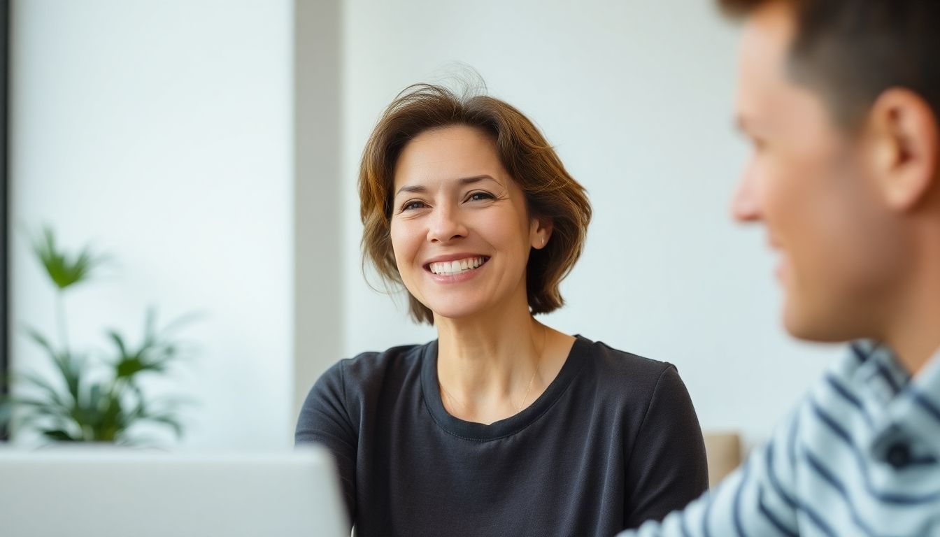 Gedächtnistraining: Smiling woman in a bright, modern room, engaging in memory exercises.