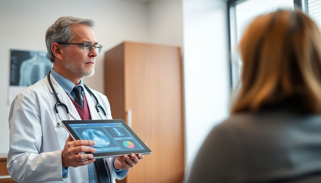 Ablauf einer Zystektomie: Doctor consulting with patient using a tablet in a bright room.