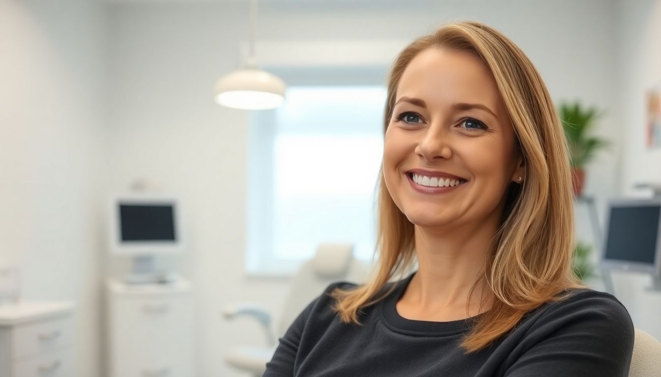 Zystektomie: Smiling woman in a bright, modern medical practice.