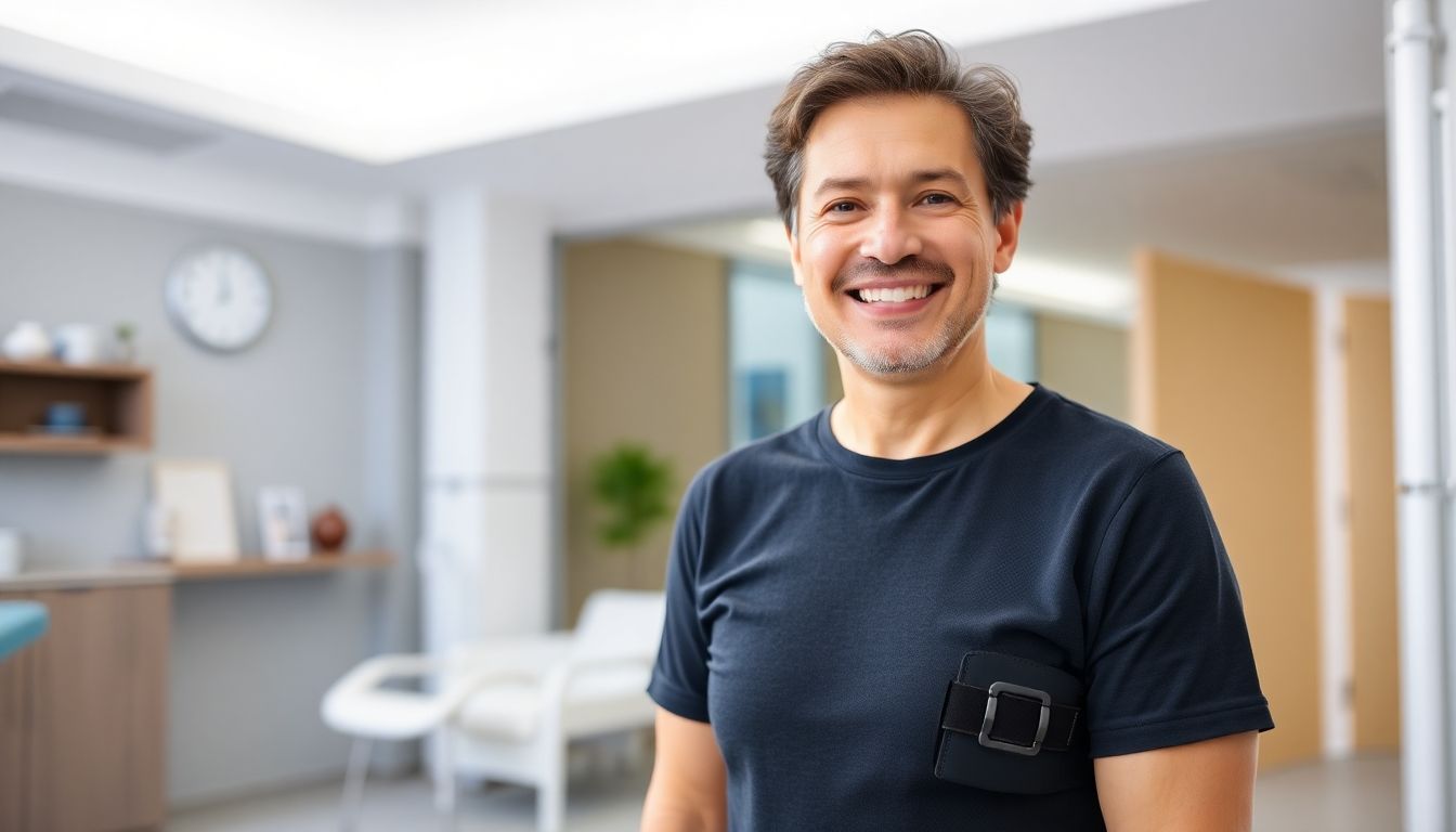 Orthese: Patient smiling while wearing a knee brace in a bright clinic.