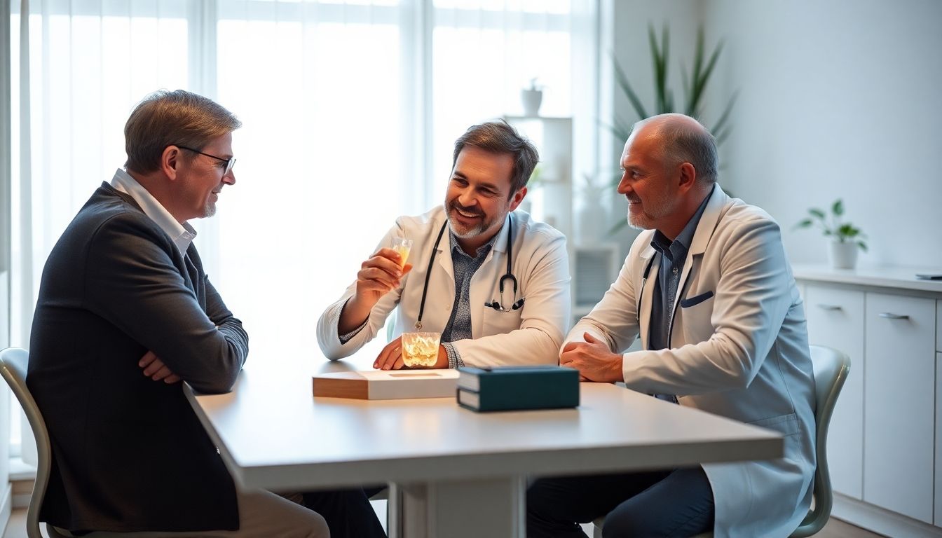 Arzt bespricht Orthese mit Patient in heller Praxis.