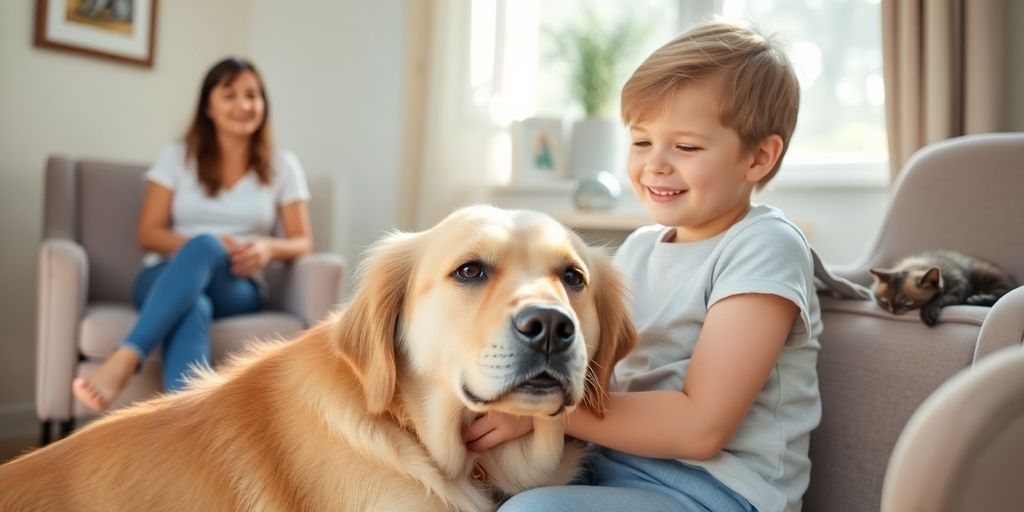 Tiergestützte Therapie: Therapeut mit Hund, Katze, Pferd und Patient.