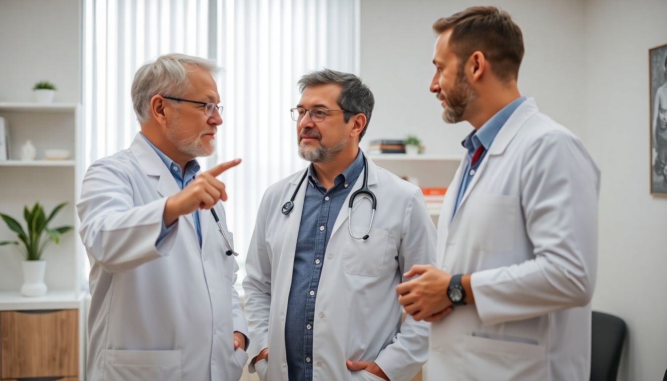 Arzt bespricht Kardioversion mit Patient in heller Praxis.