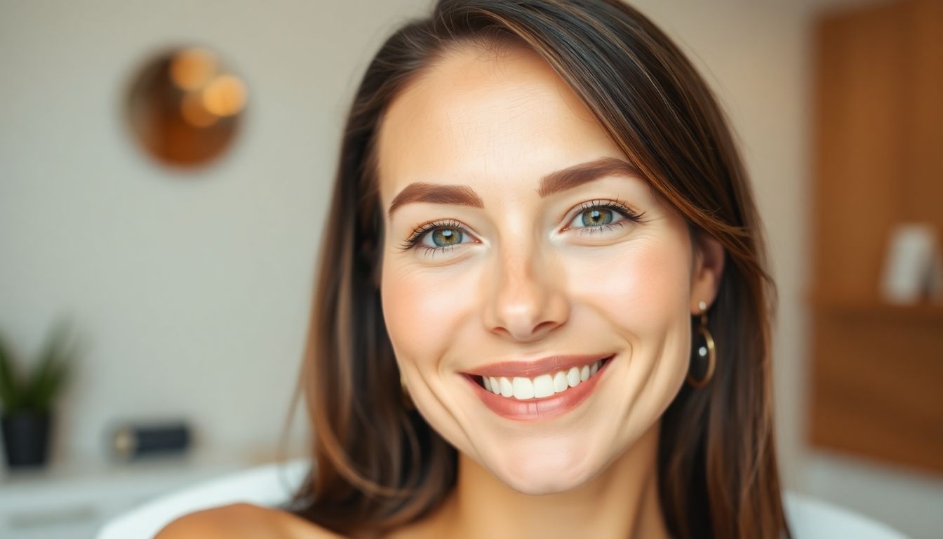 Kombinationstherapien: Frau mit glatter Haut lächelt in heller Umgebung