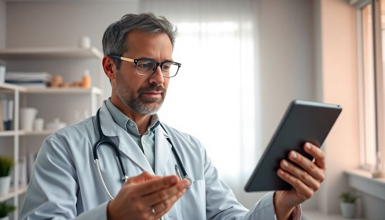 Infusion: Arzt mit Tablet in heller Praxisumgebung