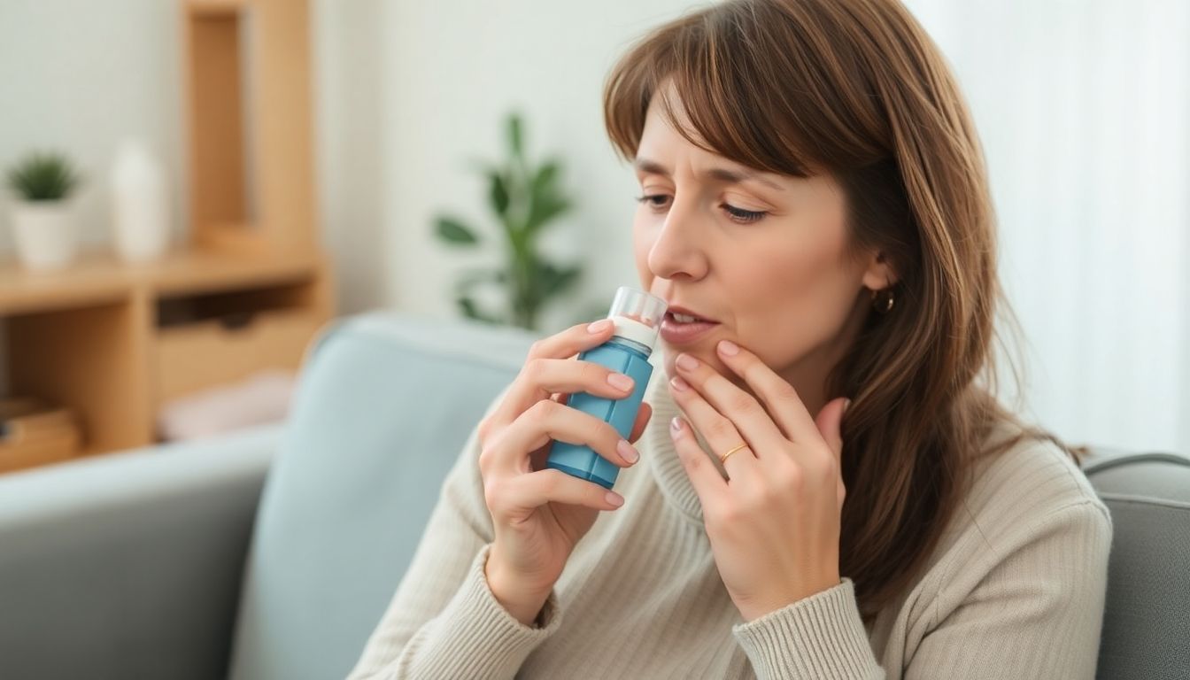 Asthmatikerin nutzt ein Inhalationsgerät für freieres Atmen.