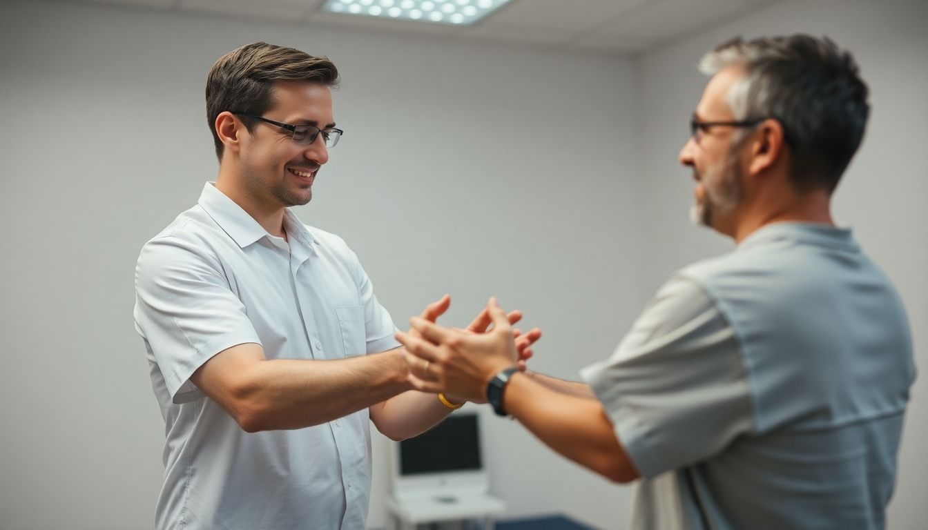 Propriozeptive neuromuskuläre Fazilitation: Therapeut unterstützt Patient bei PNF-Übung in heller Praxis.