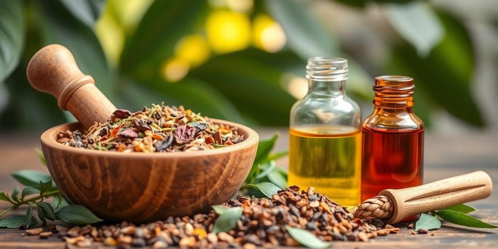 Reinigung und Entgiftung im Ayurveda: Ayurvedische Kräuter und Schalen.