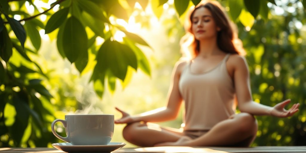 Ayurveda: Frau meditiert ruhig inmitten grüner Pflanzen, Teetasse daneben.