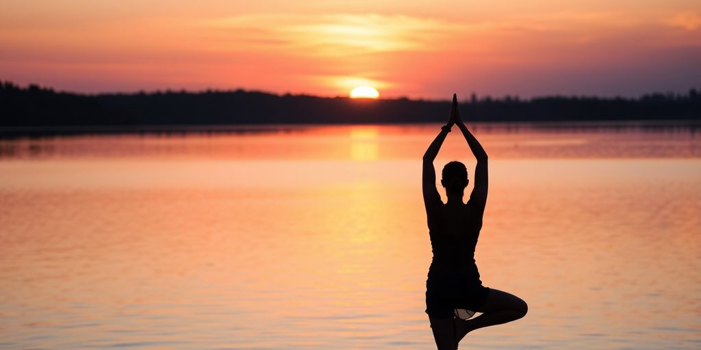 Entspannungs-Therapien: Frau meditiert friedlich im Sonnenuntergang am See.