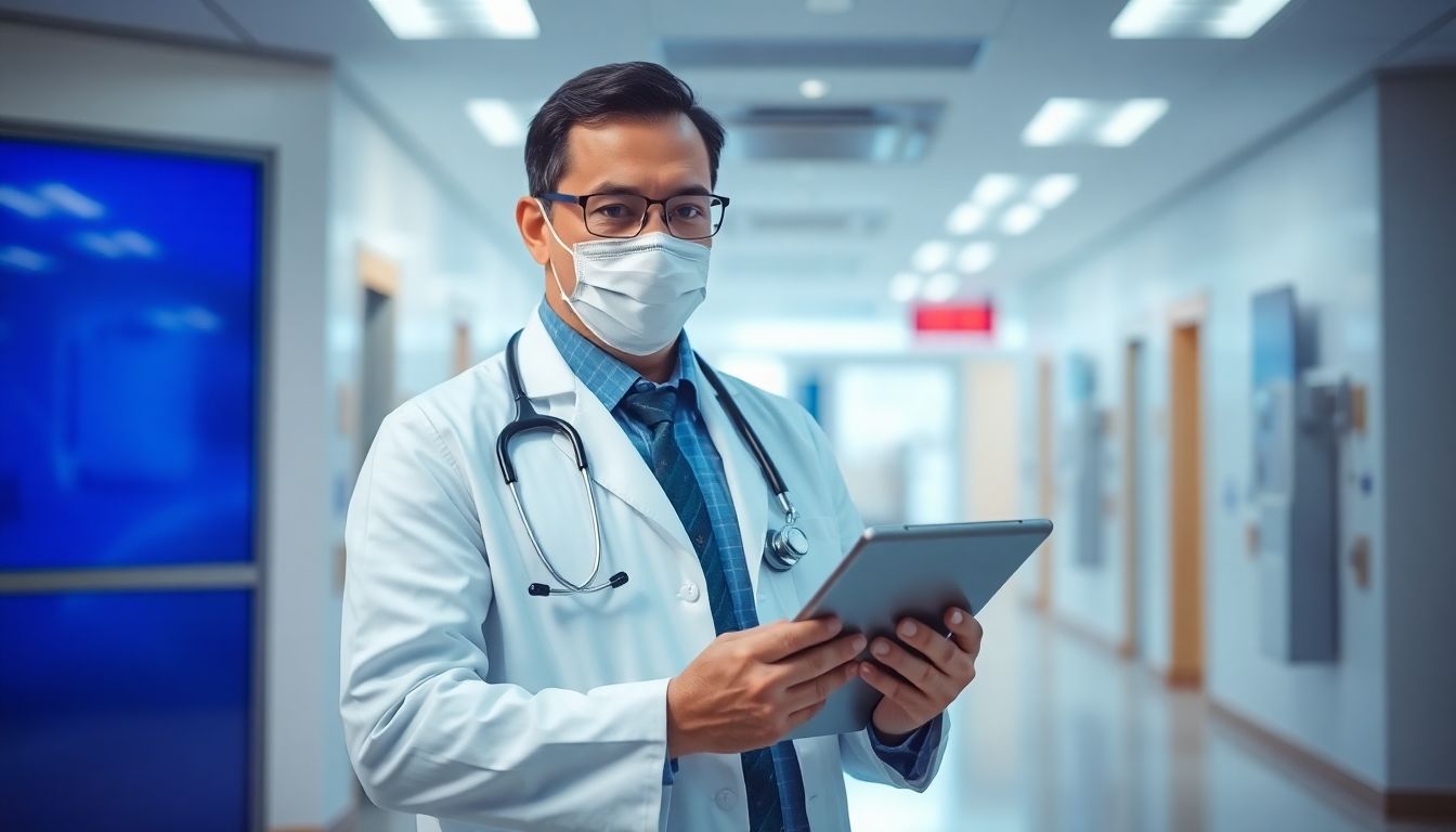 Medikamentöse Aspekte der Periduralanästhesie: Doctor holding a tablet in a bright medical setting.