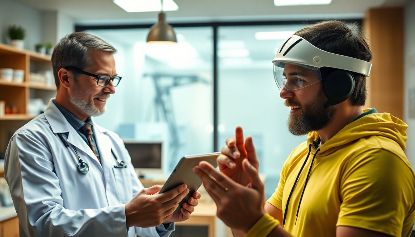 Sportschutzschienen: Arzt mit Tablet und Sportler mit Mundschutz