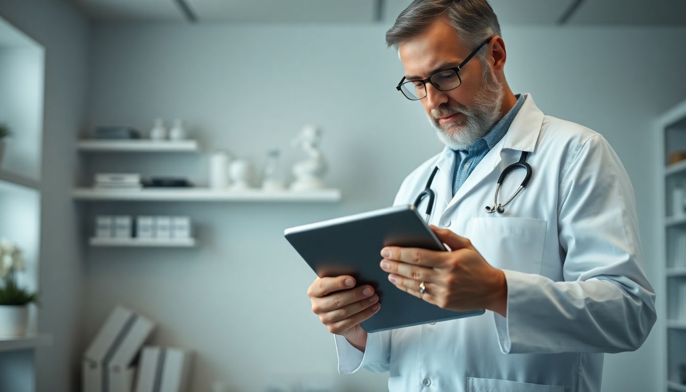 Ablauf einer Schilddrüsen-OP: Arzt mit Tablet in heller Praxisumgebung