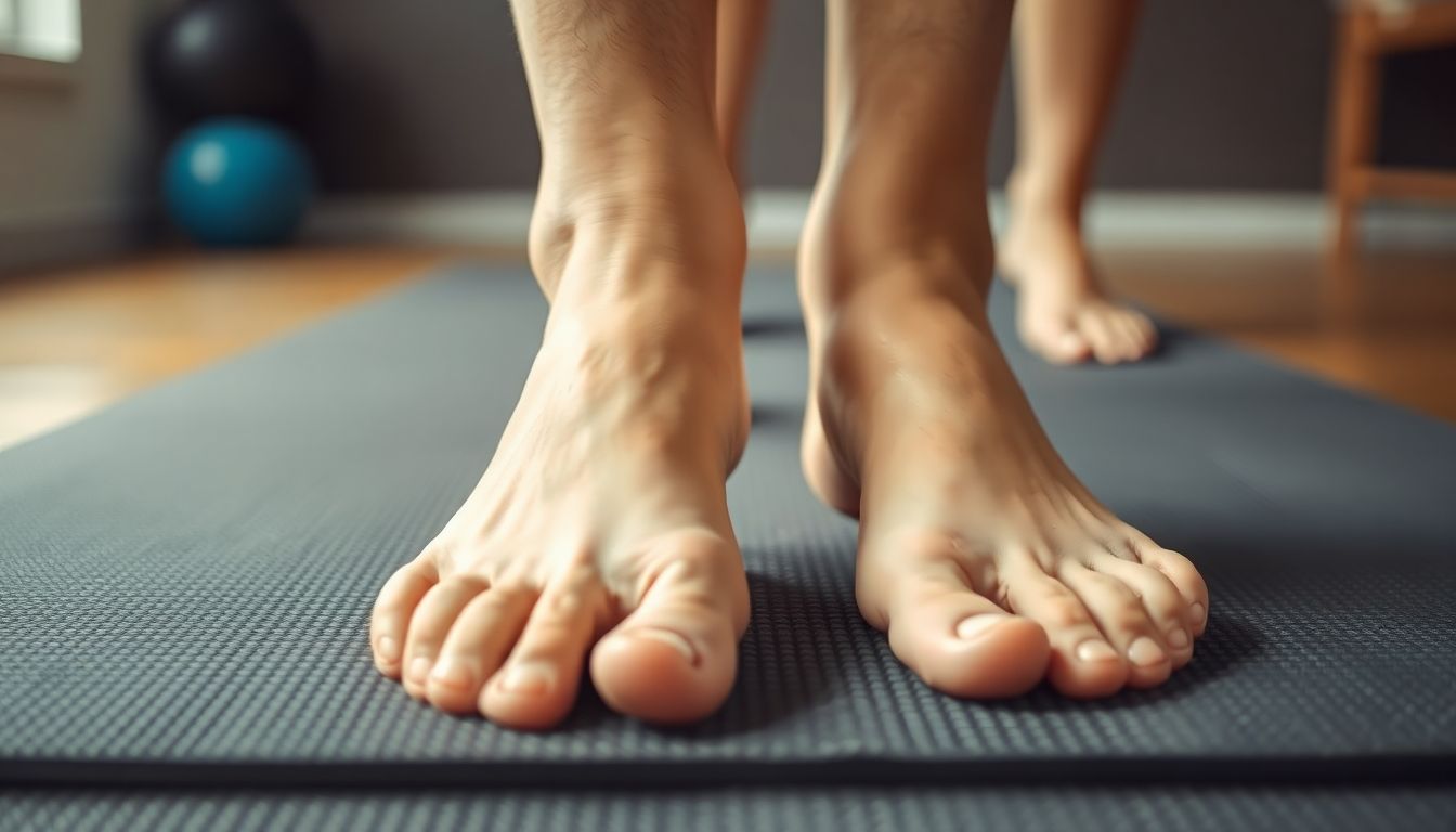 Hilfsmittel und Geräte für die Fußgymnastik: Bare feet exercising on a textured surface.