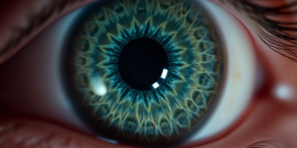 Nahaufnahme menschlicher Iris mit feinen Details, lebendigen Farben.