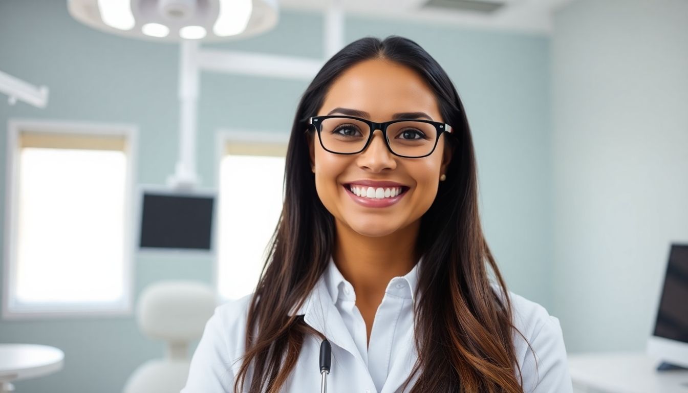 Zahnimplantaten: Smiling dentist in a bright, modern dental practice.