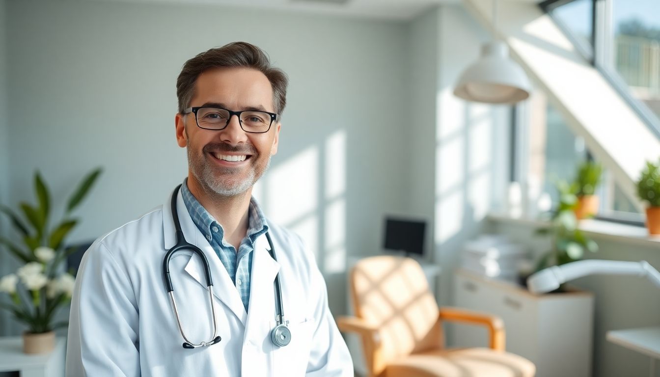 Chinesische Puls- und Zungendiagnose: Smiling doctor in a bright practice room.