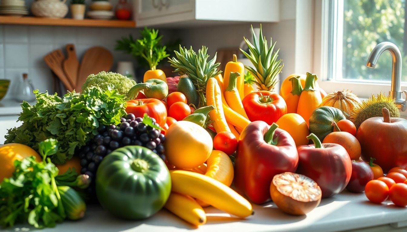Chinesische Puls- und Zungendiagnose: Fresh fruits and vegetables arranged in a kitchen.