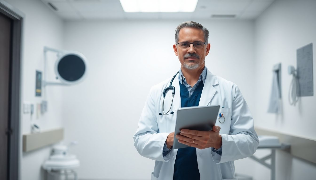 Ganzkörperhyperthermie: Doctor with tablet in a bright medical setting.