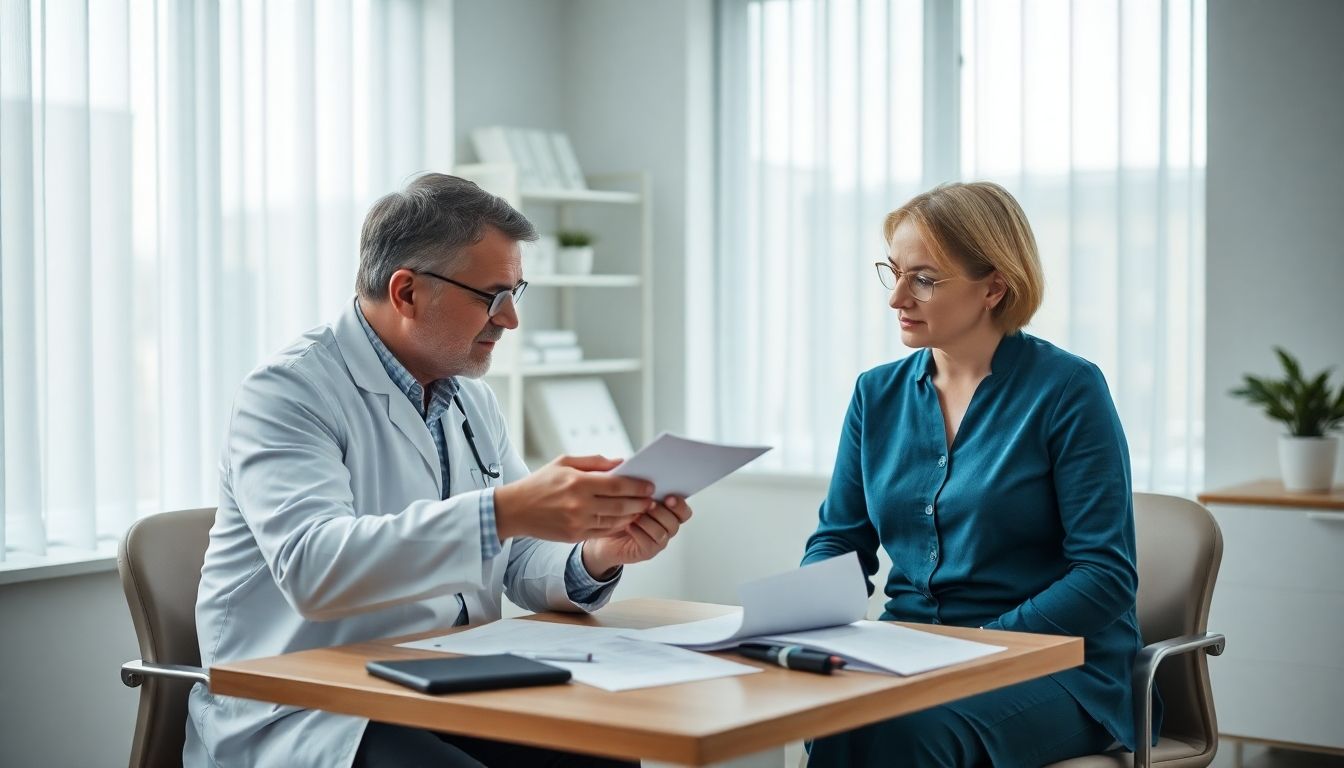 Arzt und Patientin besprechen Brustimplantate in einer modernen Praxis.