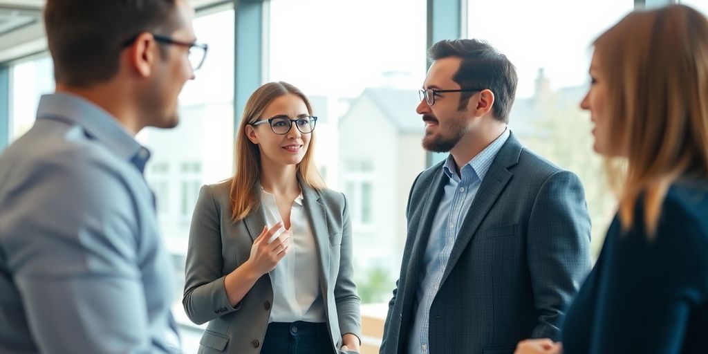 Berater und Kunde sprechen in hellem Büro.