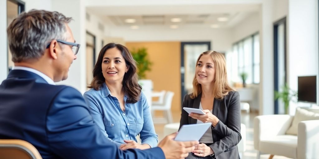 Berater und Klient sprechen in einem modernen Büro.