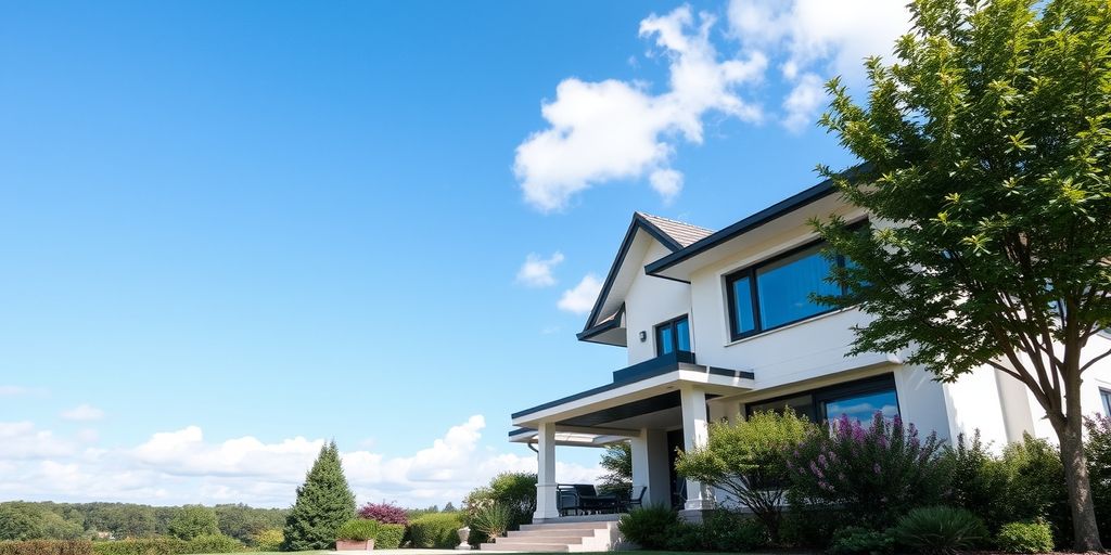 Modern house with garden and blue sky
