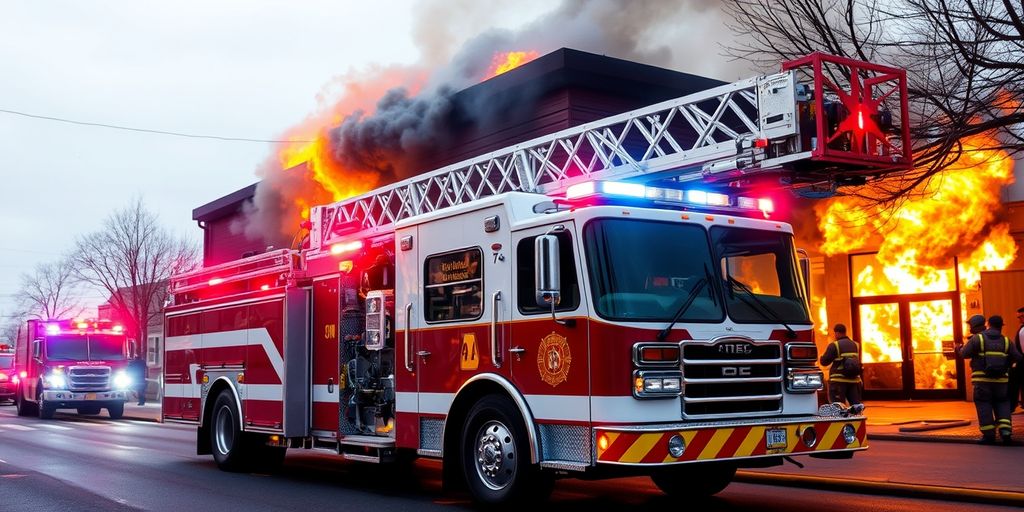 Firefighters and fire truck battling building fire