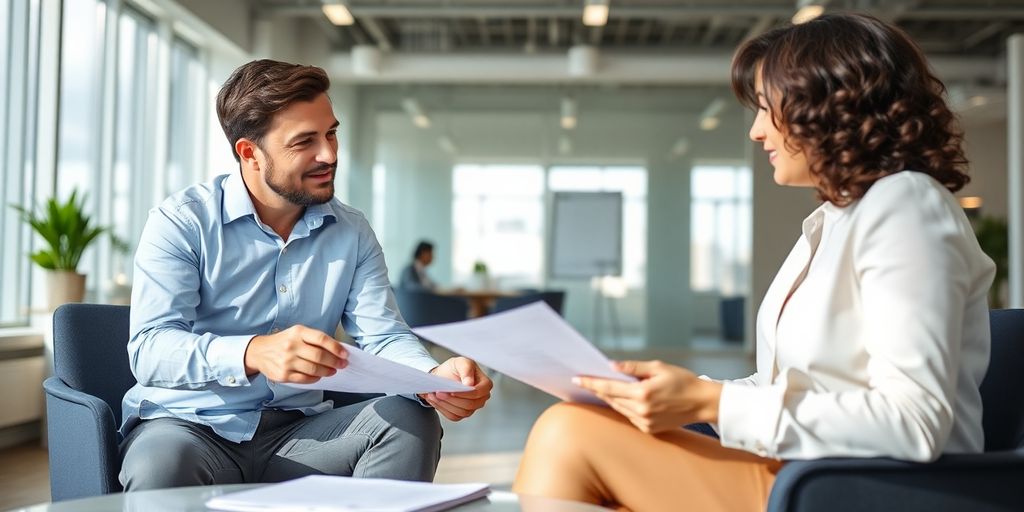 Berater und Klient sprechen sich in hellem Büro.