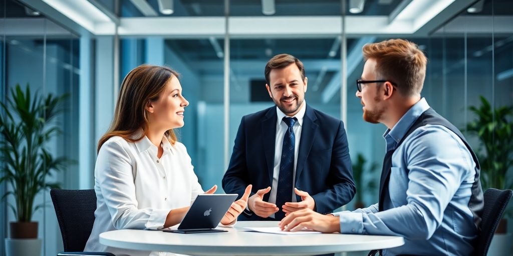 Berater und Klient sprechen in hellem Büro