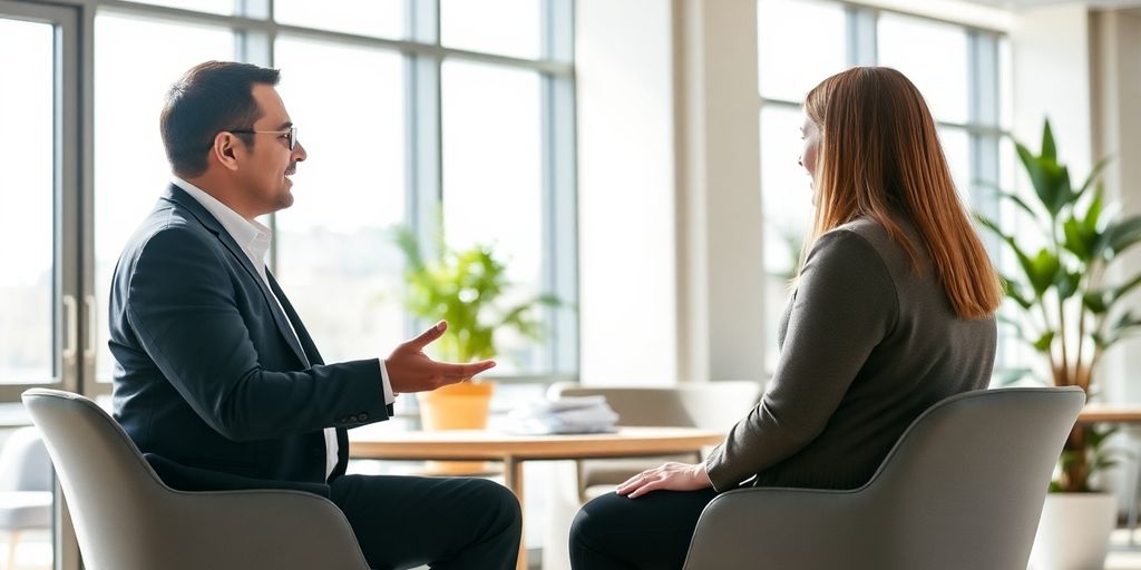 Berater und Klient im Gespräch in einem Büro.