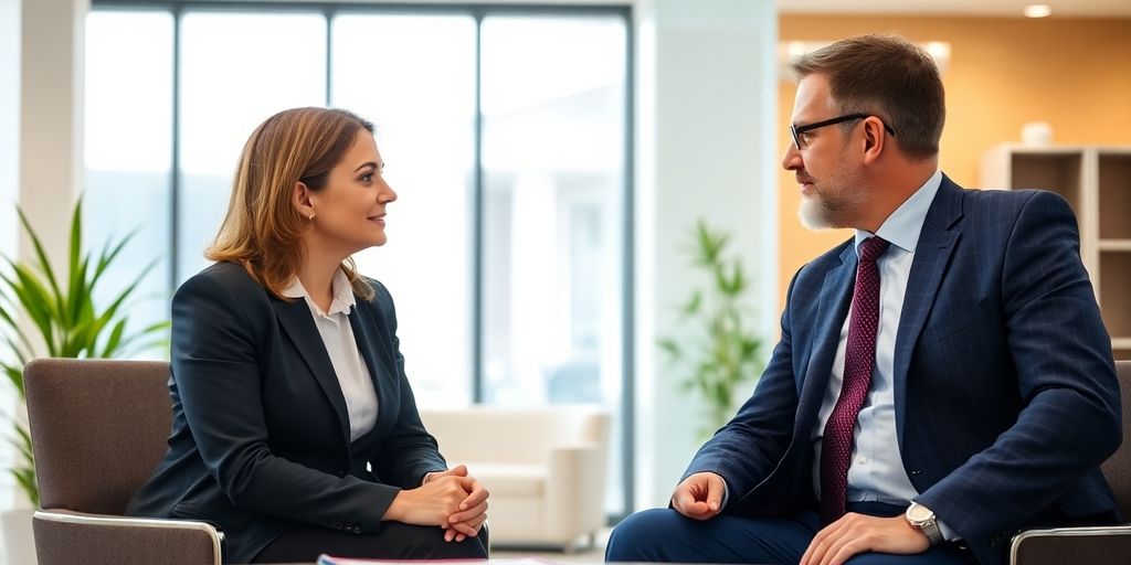Berater und Klient im Gespräch in einem hellen Büro