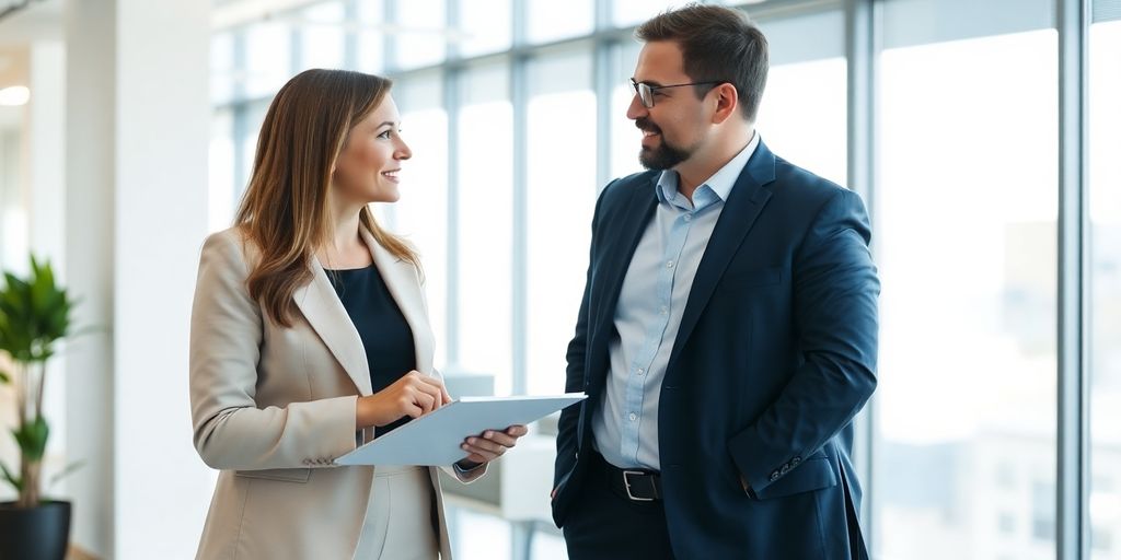 Berater und Klient sprechen in hellem Büro