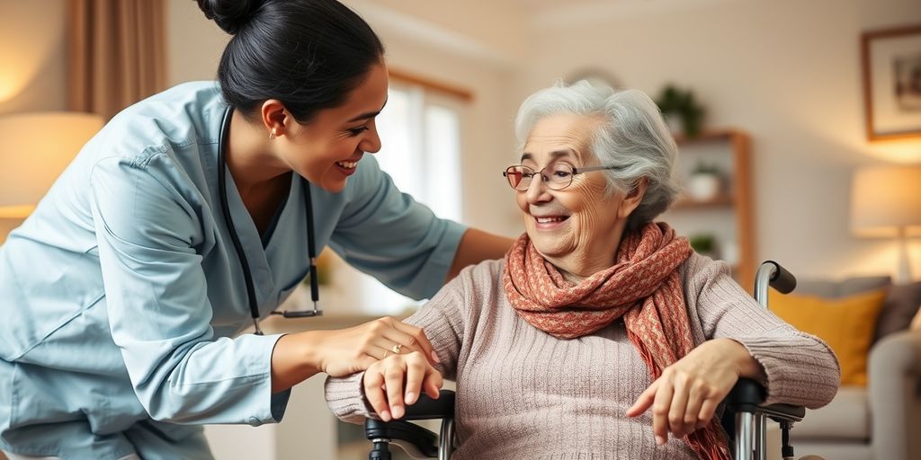 Nurse helping elderly woman in wheelchair