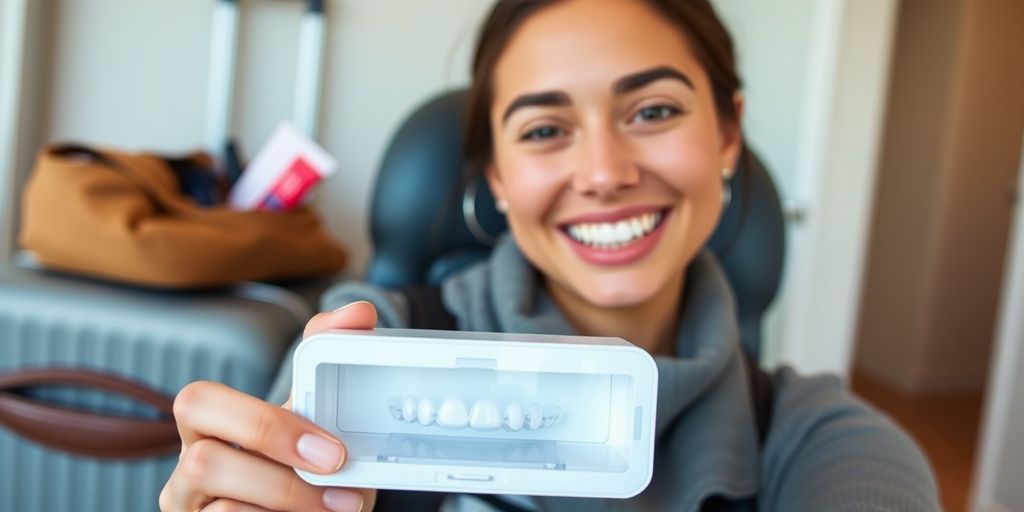 Smiling person holding Invisalign tray with travel items