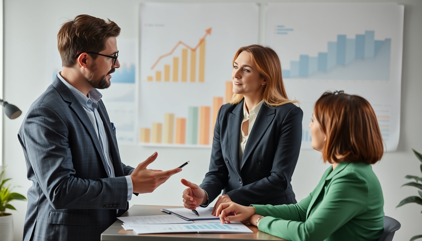Three professionals discussing charts and graphs in a meeting.