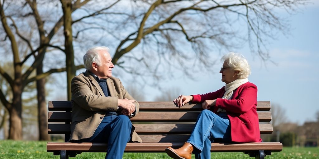 Elderly couple discussing retirement on a park bench.