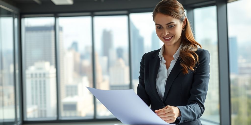 Businesswoman reviewing documents in modern office