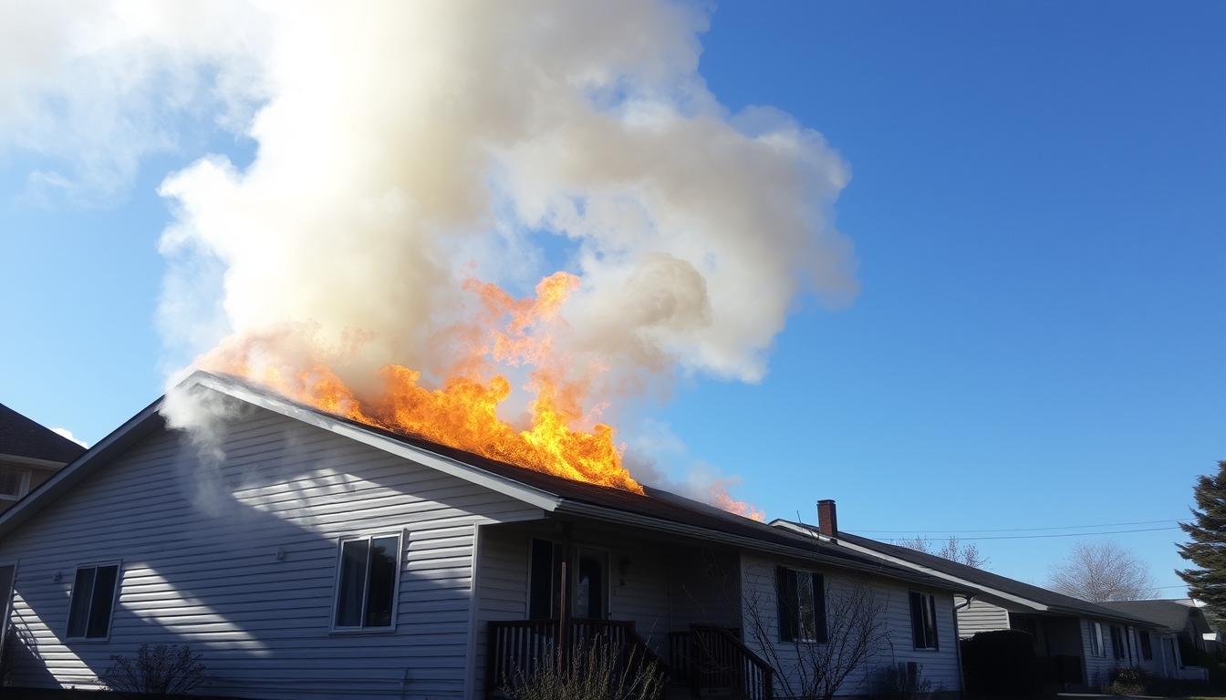 Burning house during the day.